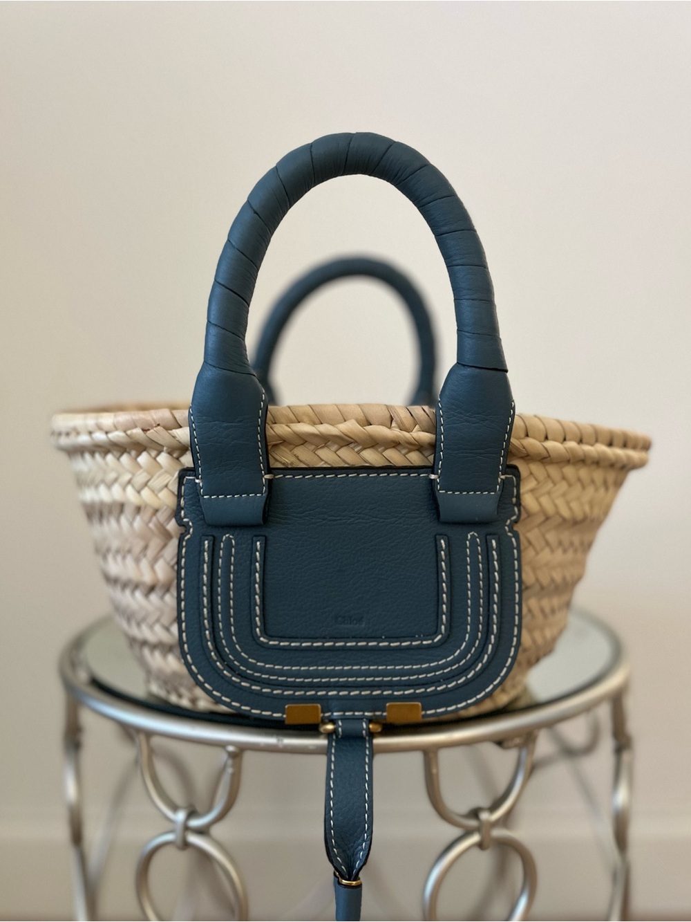 Chloé Straw Tote with Blue Leather Trim